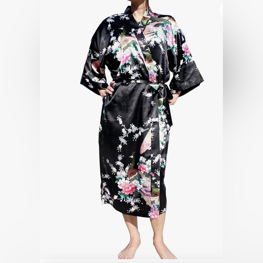 Silky black floral kimono